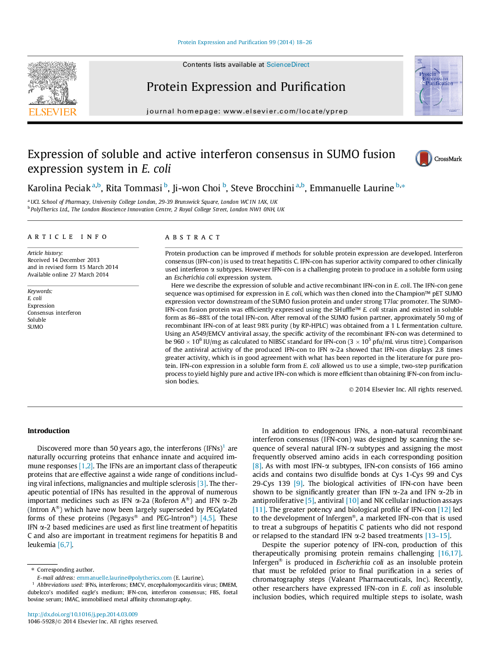 Expression of soluble and active interferon consensus in SUMO fusion expression system in E. coli