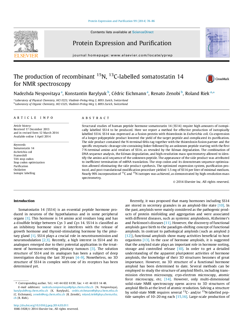 The production of recombinant 15N, 13C-labelled somatostatin 14 for NMR spectroscopy