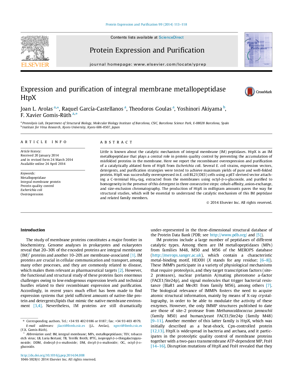 Expression and purification of integral membrane metallopeptidase HtpX