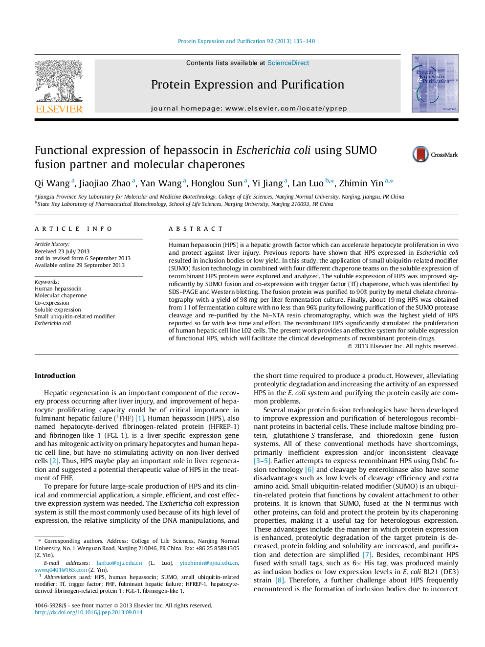 Functional expression of hepassocin in Escherichia coli using SUMO fusion partner and molecular chaperones