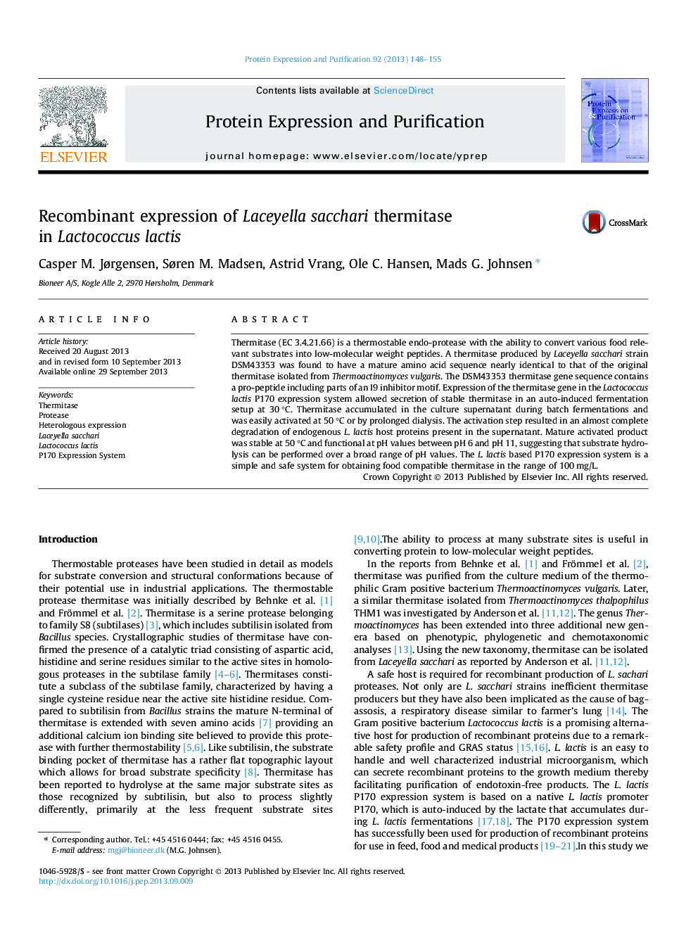 عکس صفحه اول مقاله: Recombinant expression of Laceyella sacchari thermitase in Lactococcus lactis Recombinant expression of Laceyella sacchari thermitase in Lactococcus lactis
