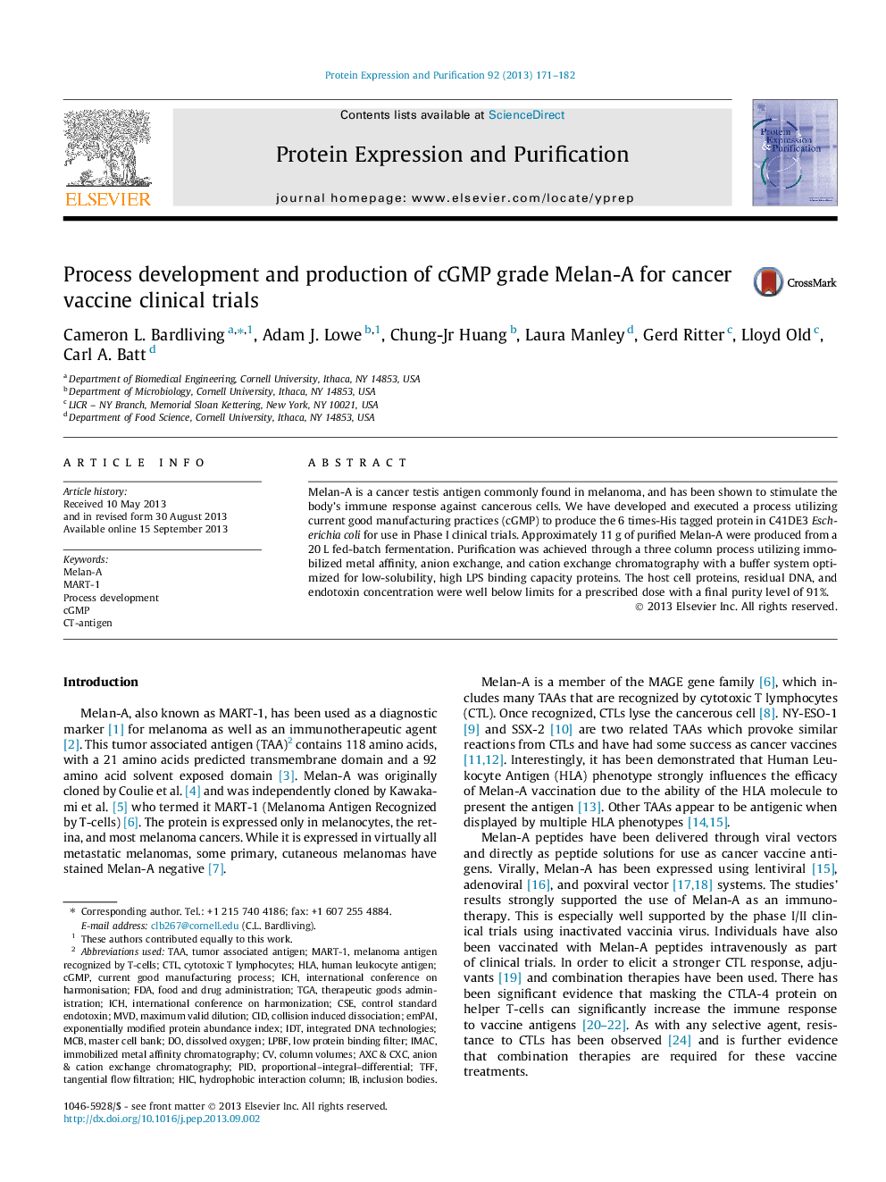 Process development and production of cGMP grade Melan-A for cancer vaccine clinical trials