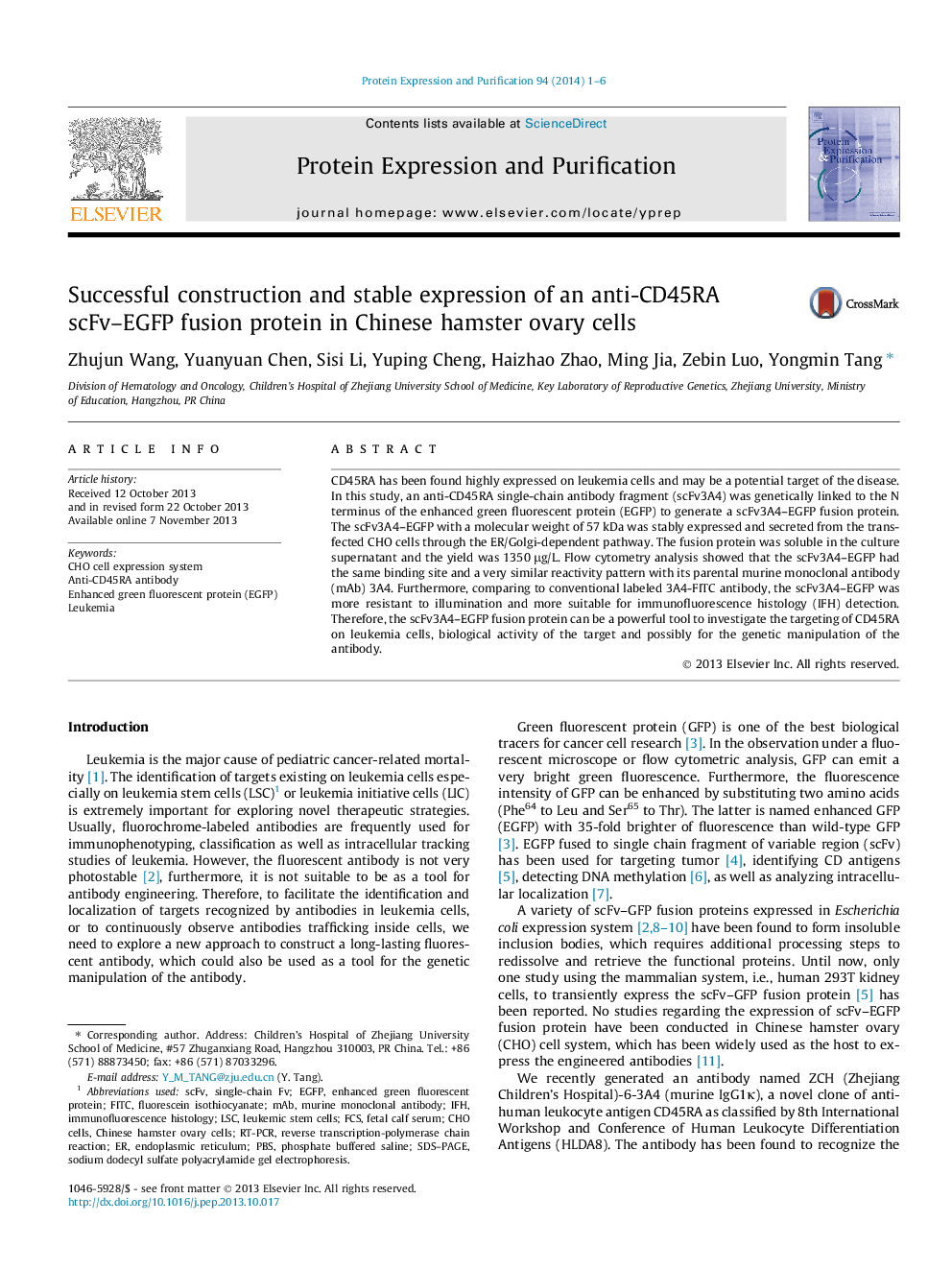 Successful construction and stable expression of an anti-CD45RA scFv–EGFP fusion protein in Chinese hamster ovary cells