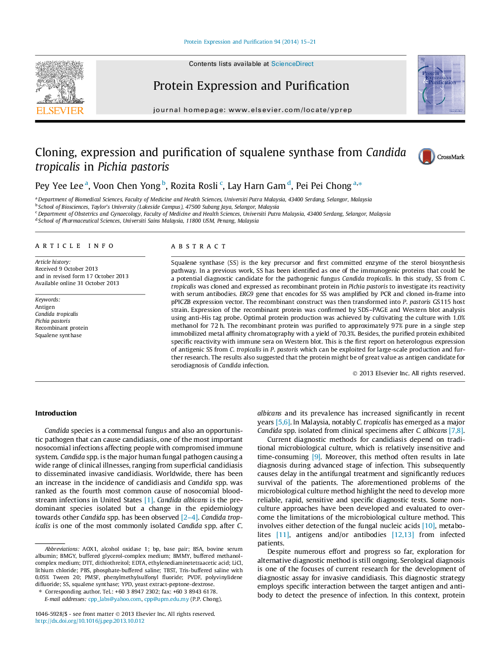 Cloning, expression and purification of squalene synthase from Candida tropicalis in Pichia pastoris