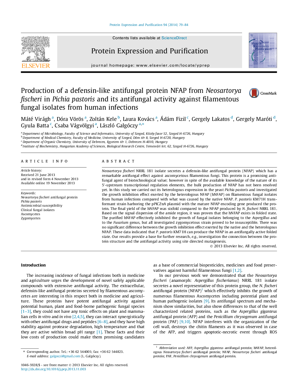 Production of a defensin-like antifungal protein NFAP from Neosartorya fischeri in Pichia pastoris and its antifungal activity against filamentous fungal isolates from human infections