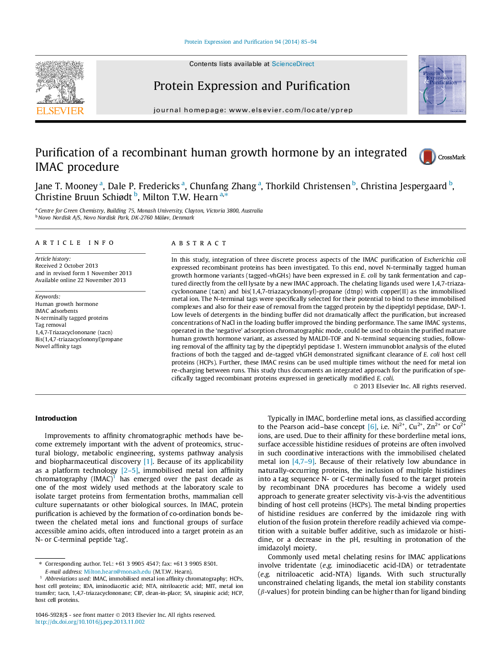 Purification of a recombinant human growth hormone by an integrated IMAC procedure