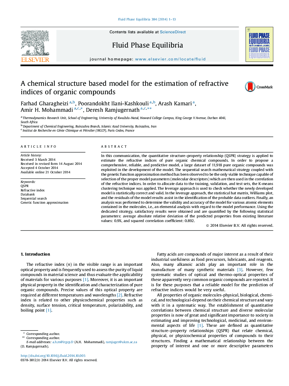 A chemical structure based model for the estimation of refractive indices of organic compounds