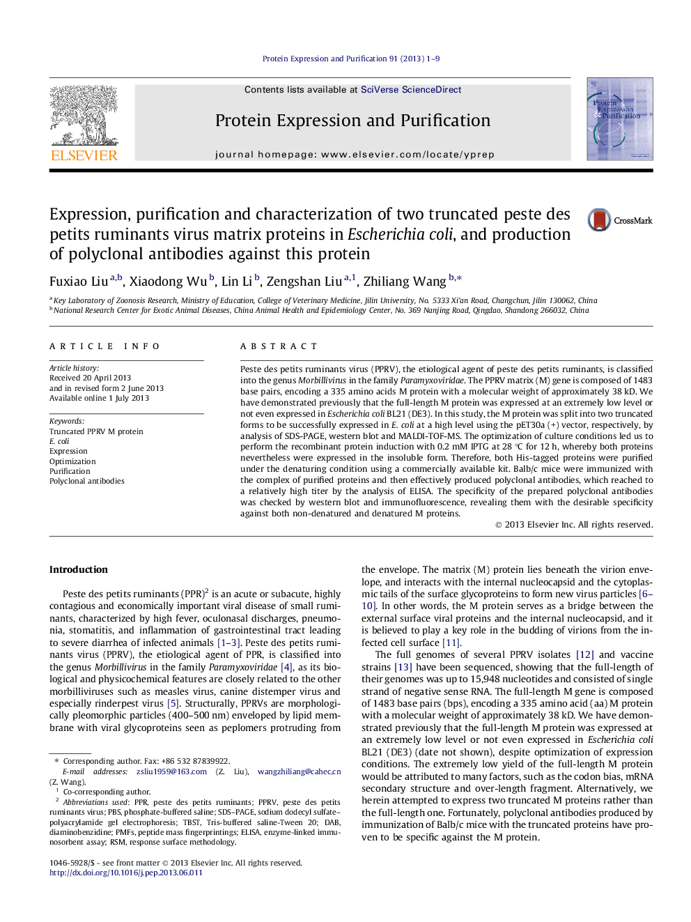 Expression, purification and characterization of two truncated peste des petits ruminants virus matrix proteins in Escherichia coli, and production of polyclonal antibodies against this protein