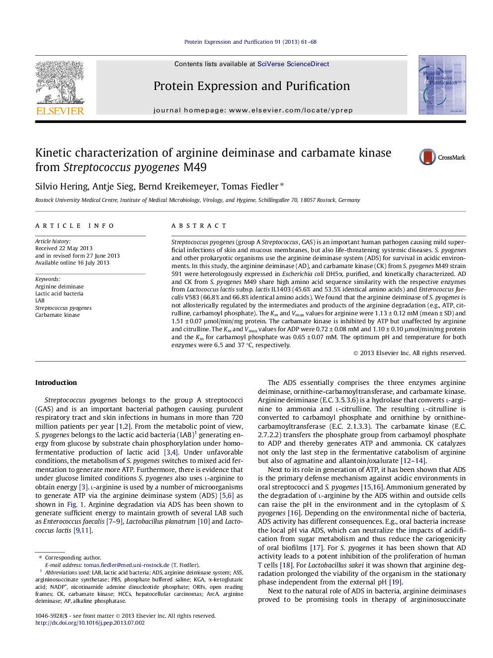 Kinetic characterization of arginine deiminase and carbamate kinase from Streptococcus pyogenes M49