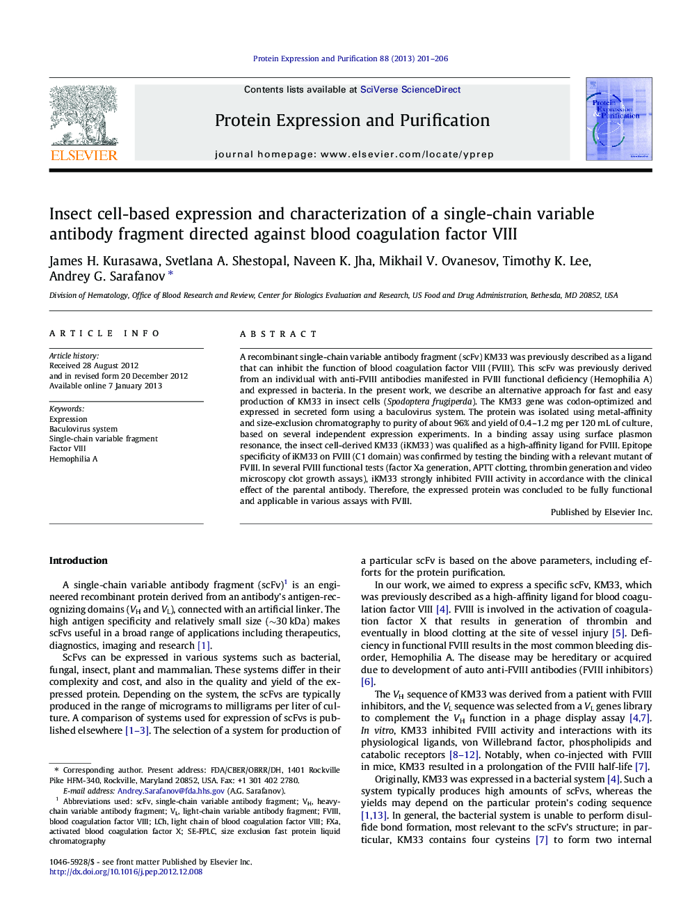 Insect cell-based expression and characterization of a single-chain variable antibody fragment directed against blood coagulation factor VIII