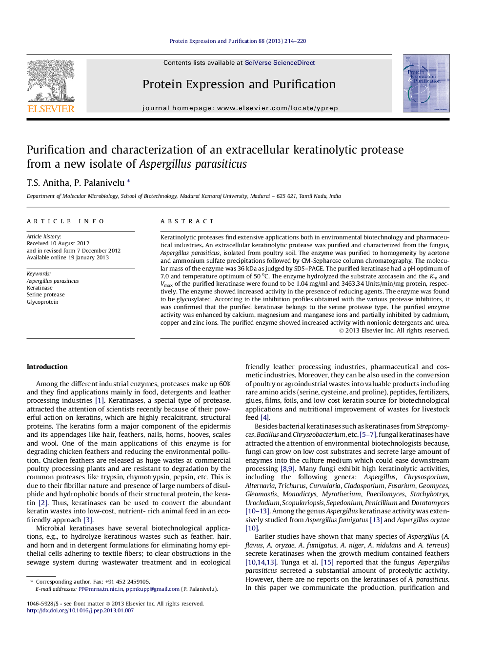 Purification and characterization of an extracellular keratinolytic protease from a new isolate of Aspergillus parasiticus