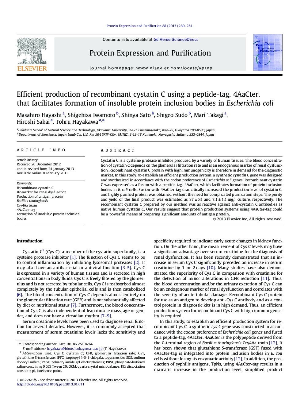 Efficient production of recombinant cystatin C using a peptide-tag, 4AaCter, that facilitates formation of insoluble protein inclusion bodies in Escherichia coli