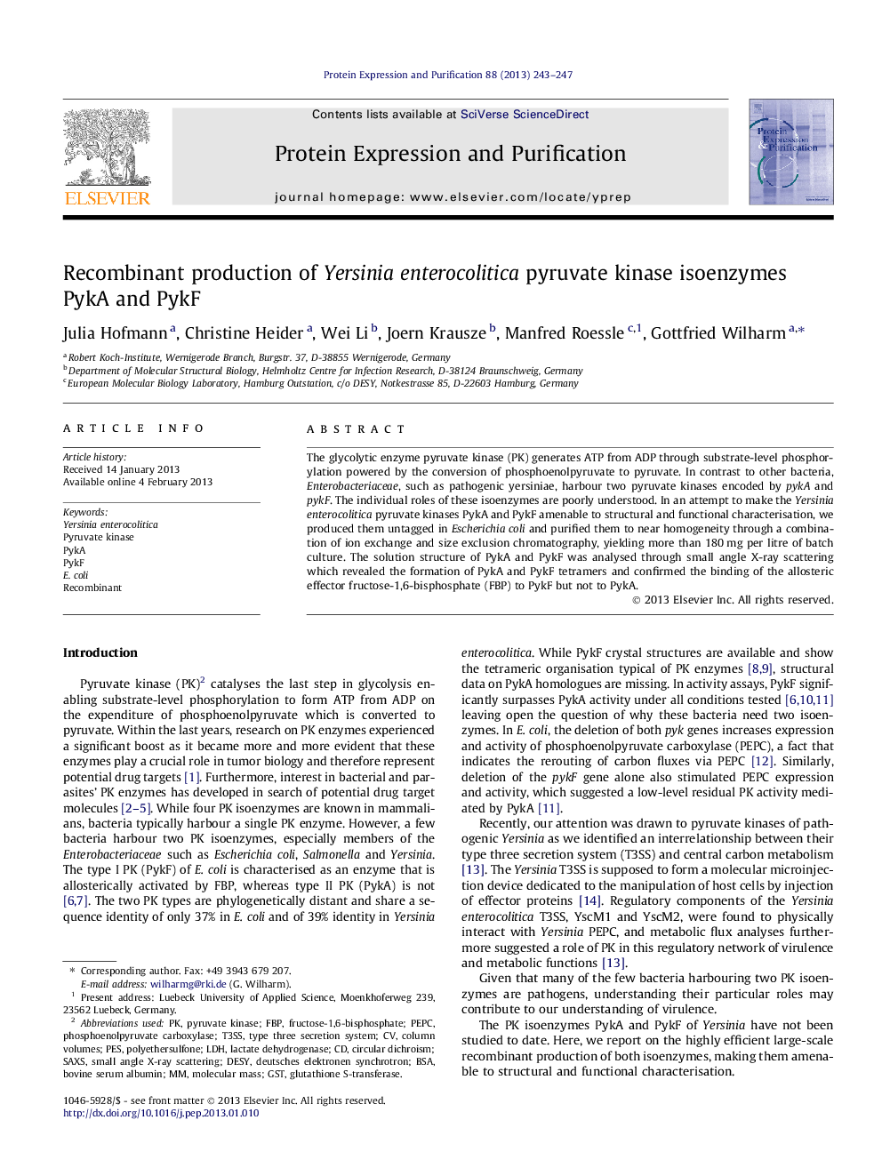 Recombinant production of Yersinia enterocolitica pyruvate kinase isoenzymes PykA and PykF