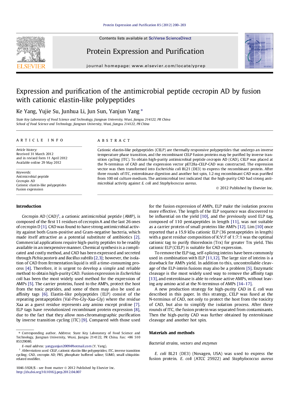 Expression and purification of the antimicrobial peptide cecropin AD by fusion with cationic elastin-like polypeptides