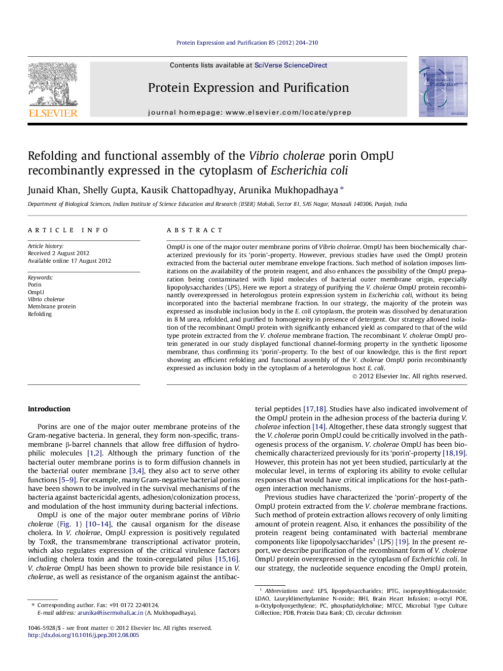 Refolding and functional assembly of the Vibrio cholerae porin OmpU recombinantly expressed in the cytoplasm of Escherichia coli