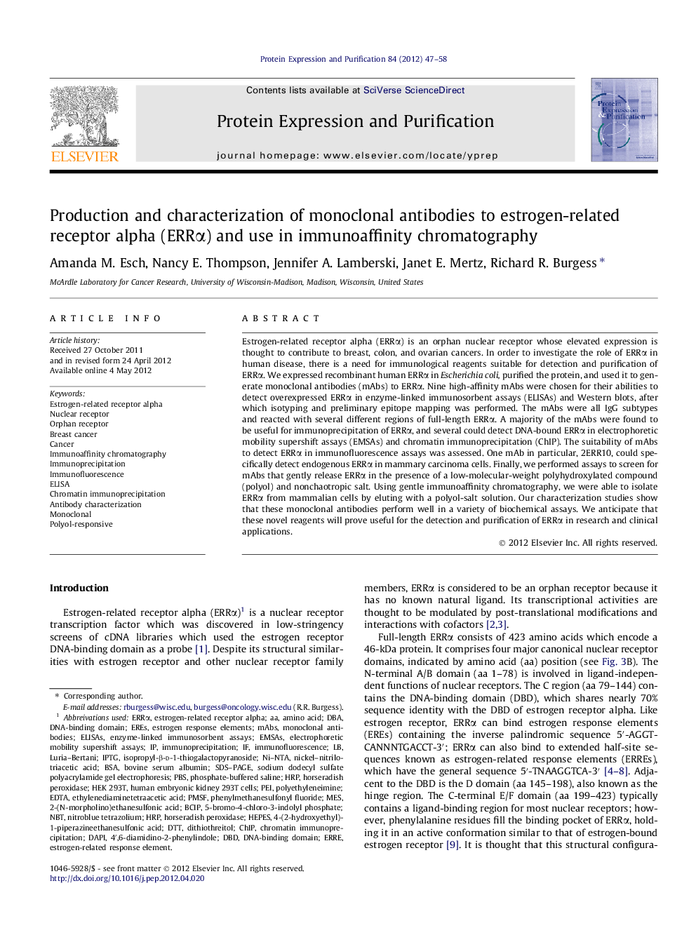 Production and characterization of monoclonal antibodies to estrogen-related receptor alpha (ERRα) and use in immunoaffinity chromatography