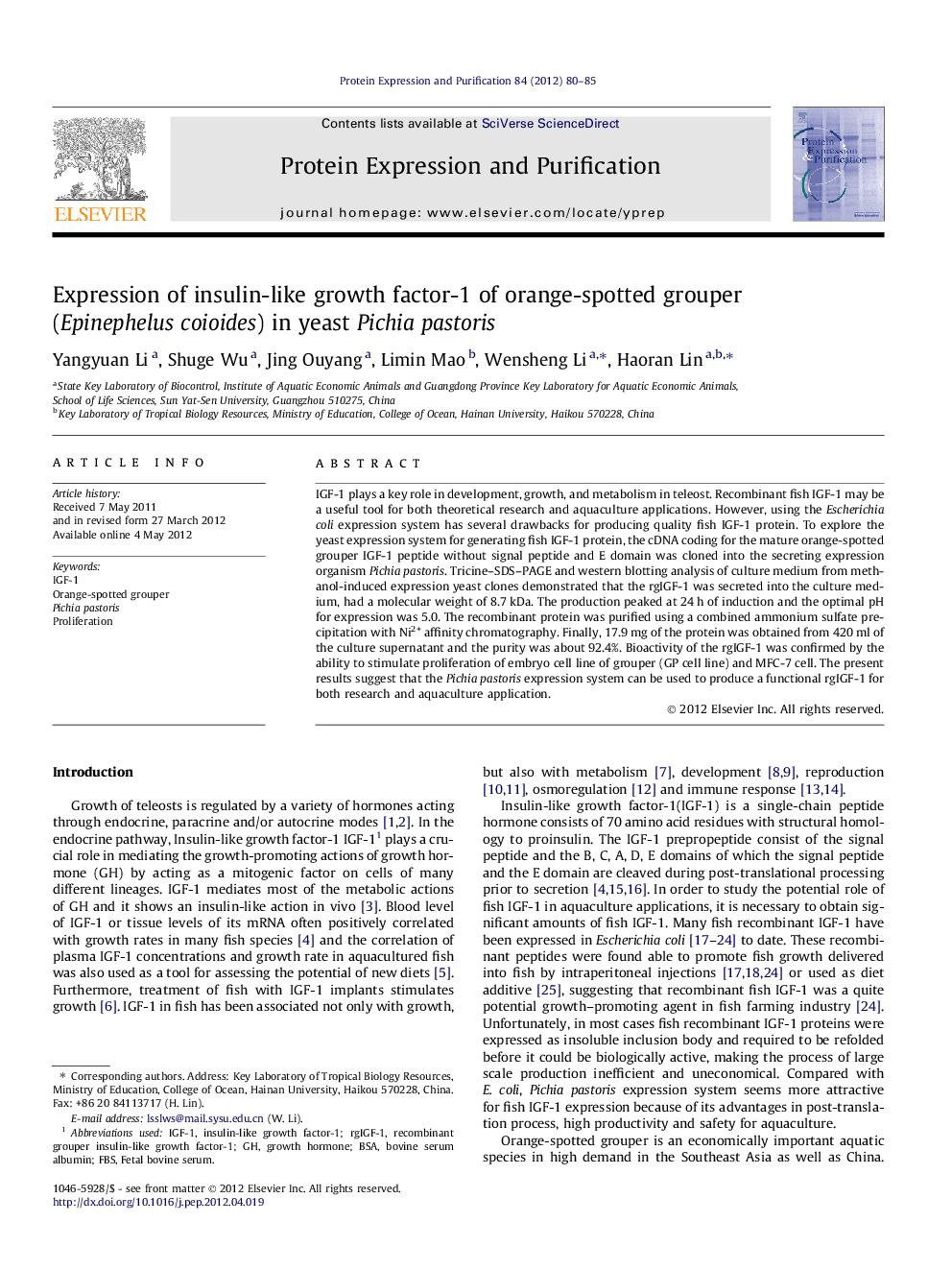 Expression of insulin-like growth factor-1 of orange-spotted grouper (Epinephelus coioides) in yeast Pichia pastoris