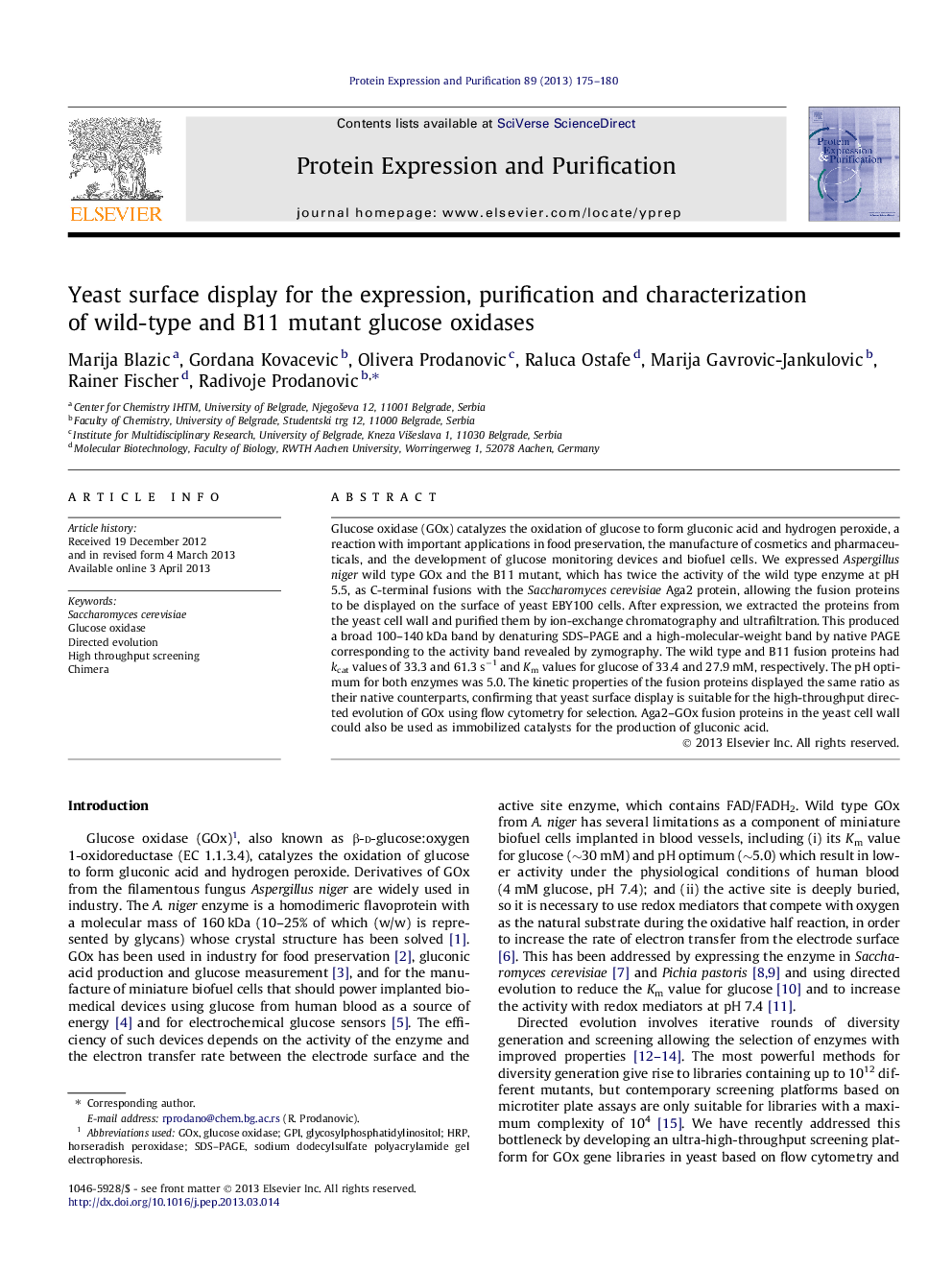 Yeast surface display for the expression, purification and characterization of wild-type and B11 mutant glucose oxidases