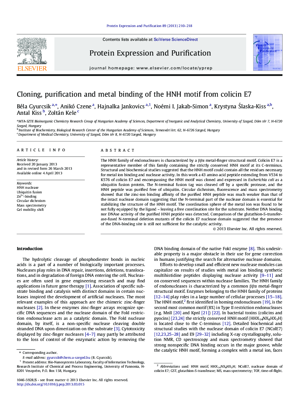 Cloning, purification and metal binding of the HNH motif from colicin E7