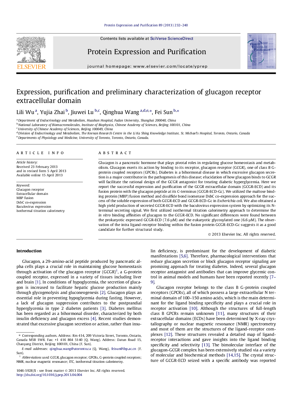 Expression, purification and preliminary characterization of glucagon receptor extracellular domain