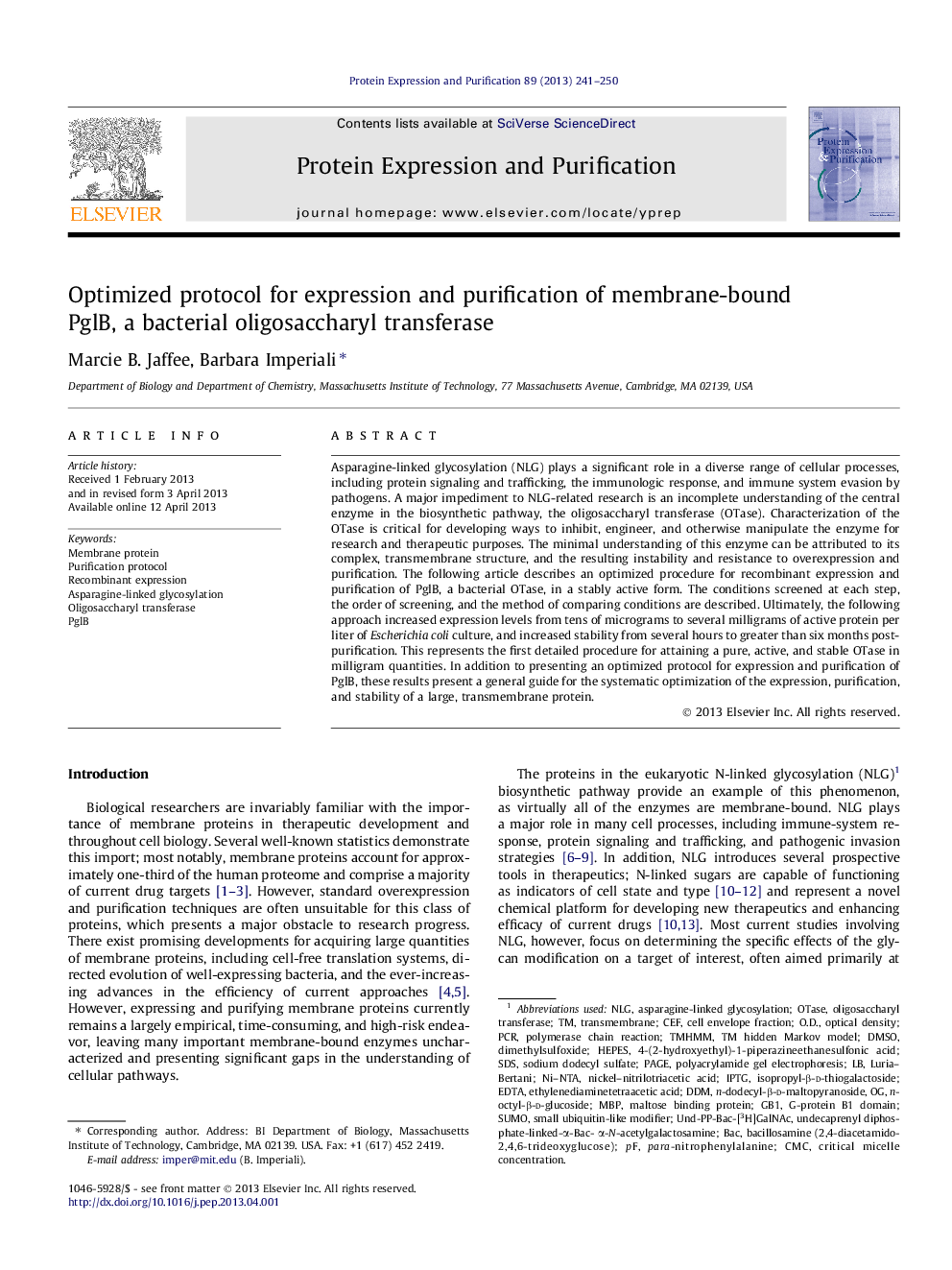 Optimized protocol for expression and purification of membrane-bound PglB, a bacterial oligosaccharyl transferase