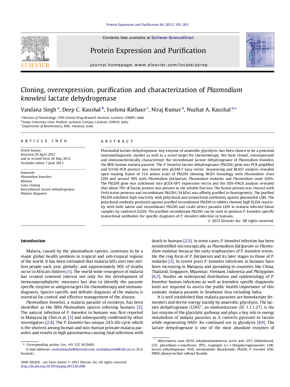 Cloning, overexpression, purification and characterization of Plasmodium knowlesi lactate dehydrogenase