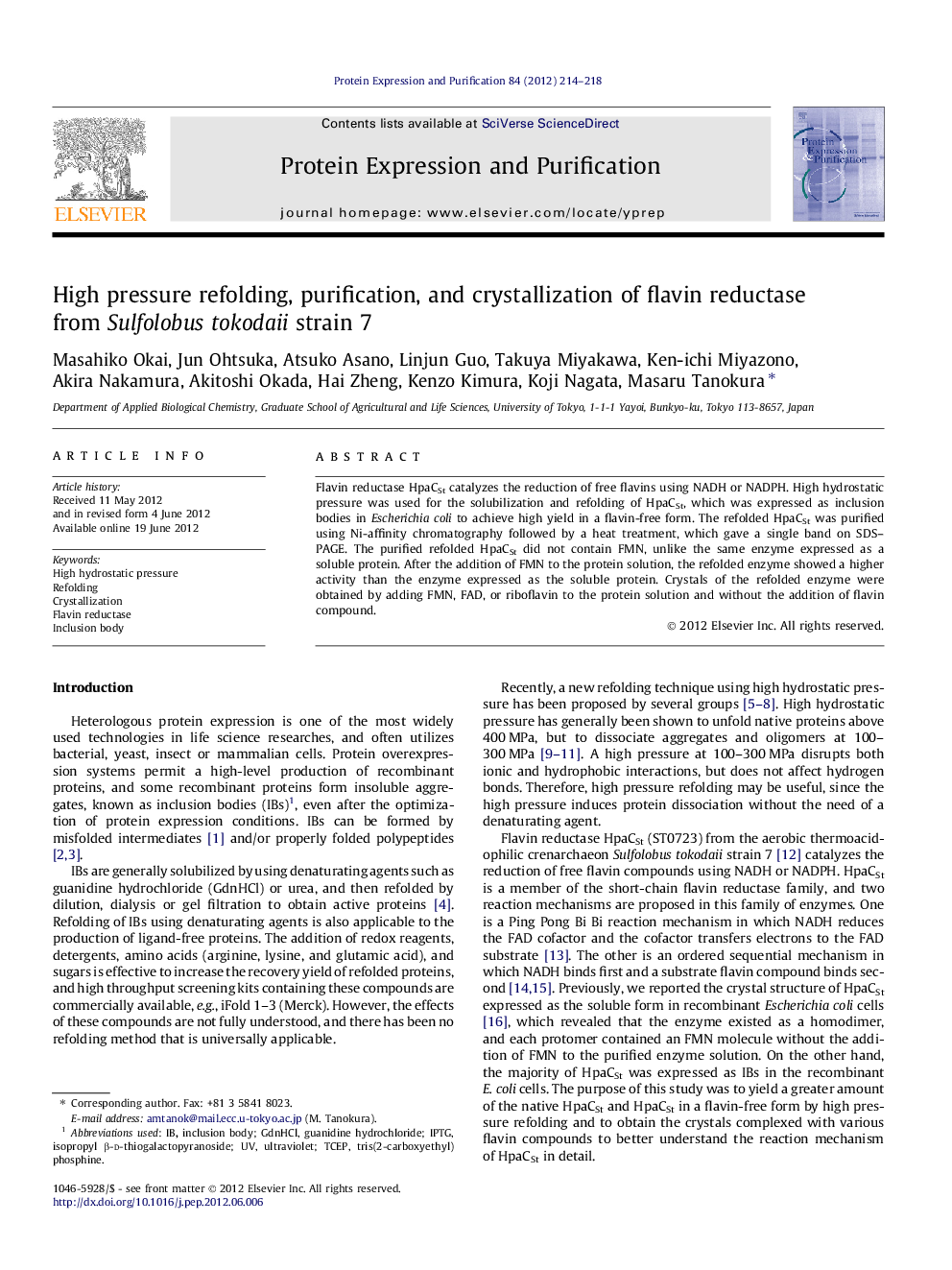 High pressure refolding, purification, and crystallization of flavin reductase from Sulfolobus tokodaii strain 7