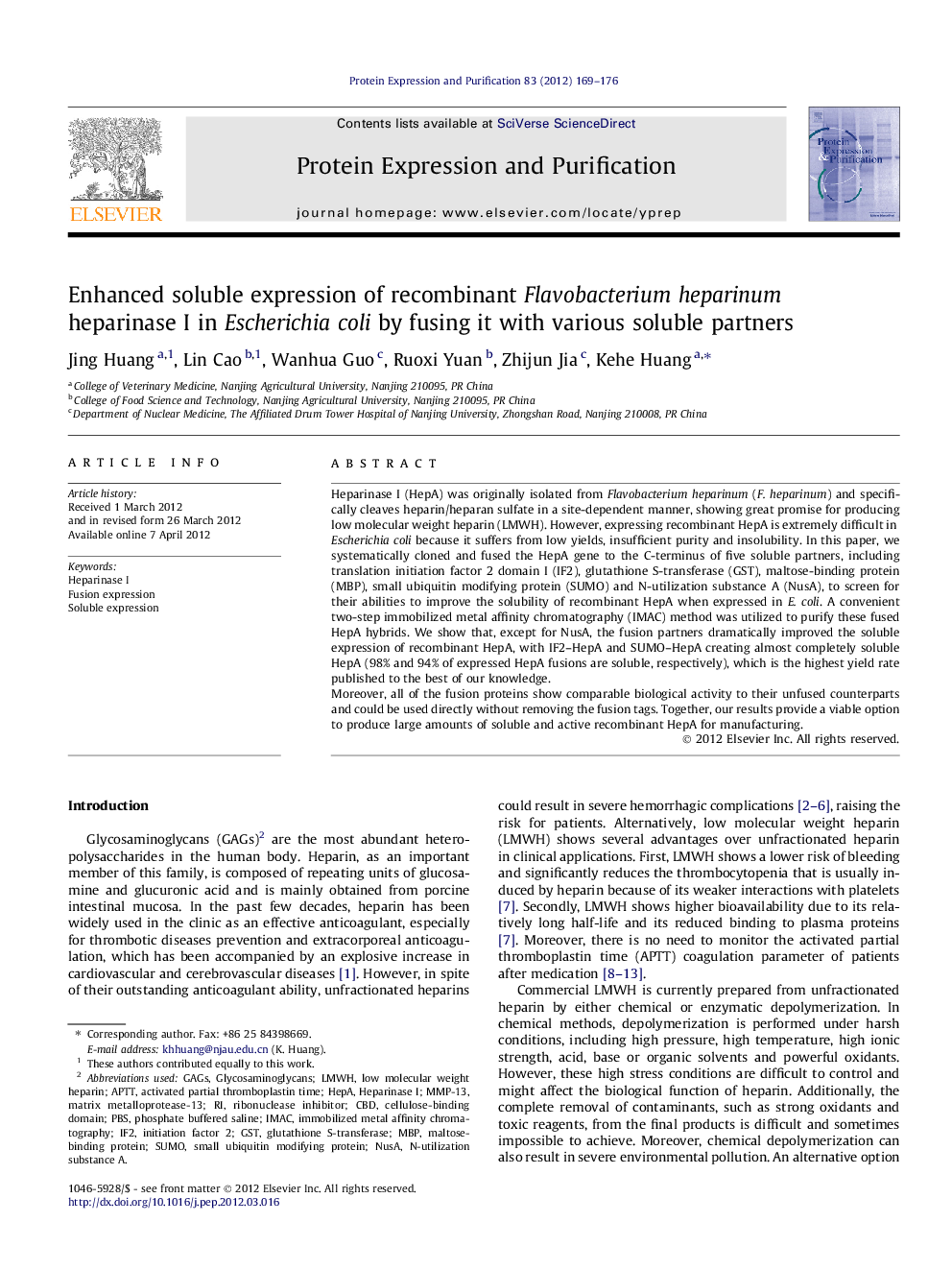 Enhanced soluble expression of recombinant Flavobacterium heparinum heparinase I in Escherichia coli by fusing it with various soluble partners