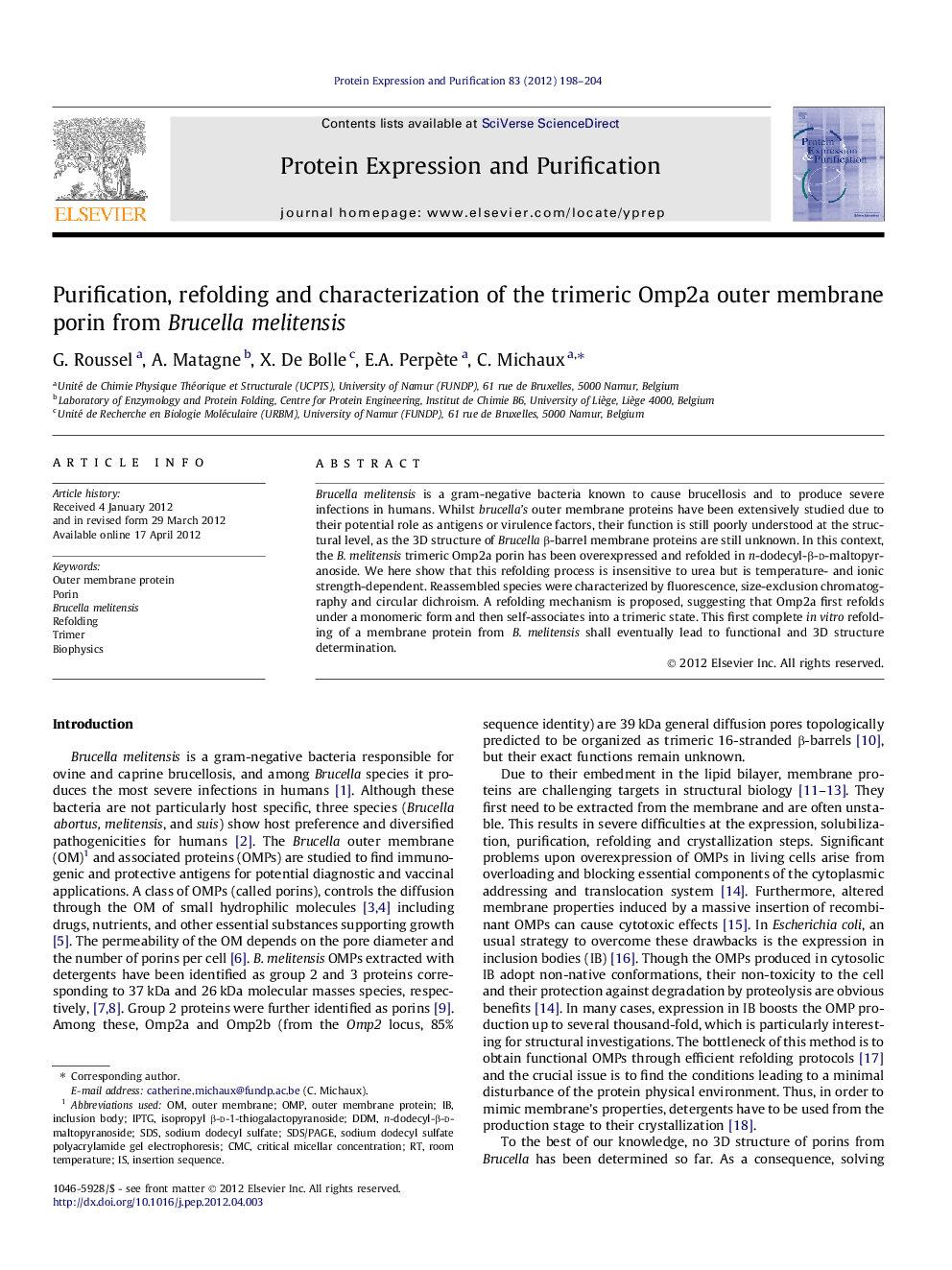 Purification, refolding and characterization of the trimeric Omp2a outer membrane porin from Brucella melitensis