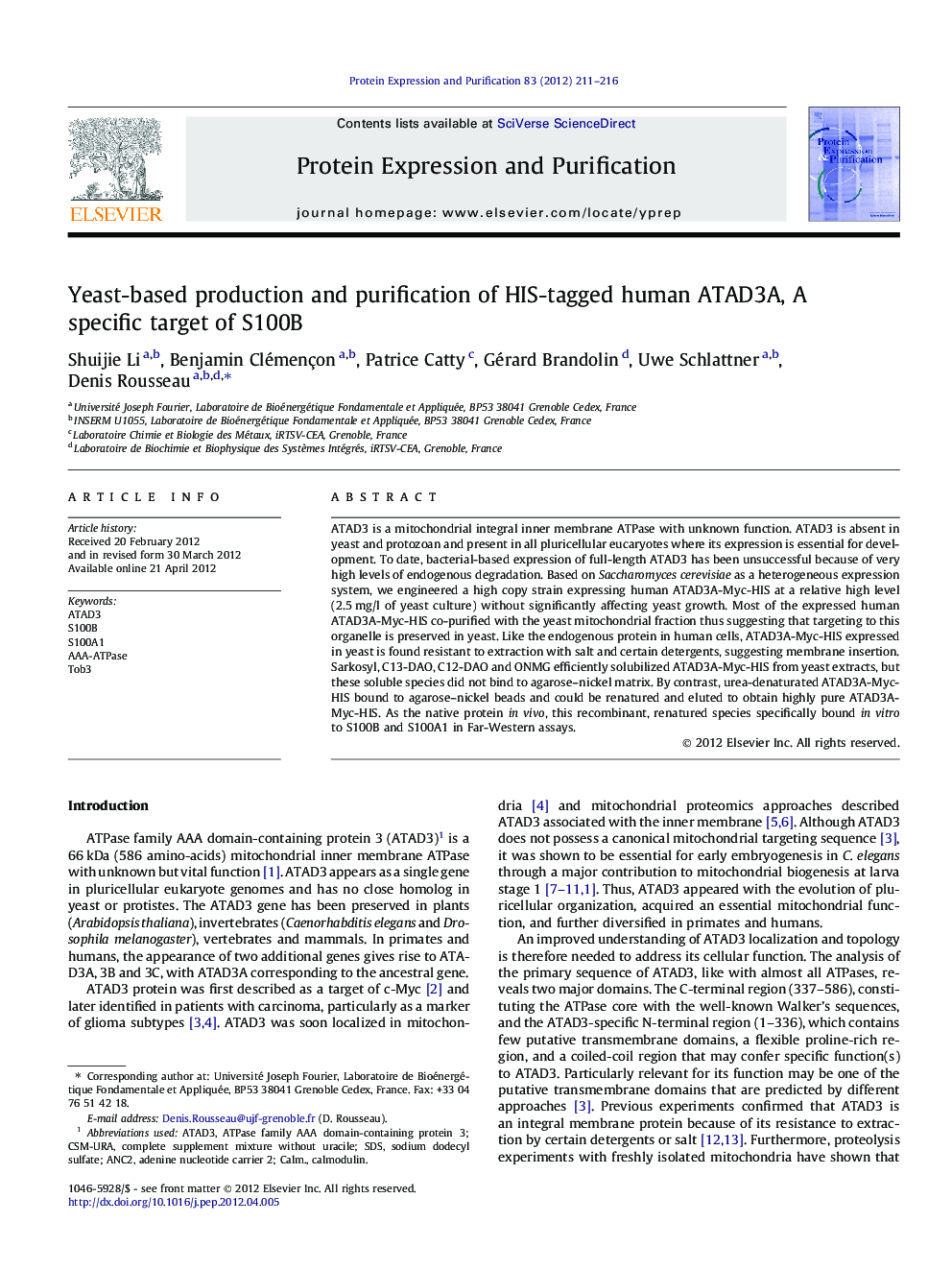 Yeast-based production and purification of HIS-tagged human ATAD3A, A specific target of S100B