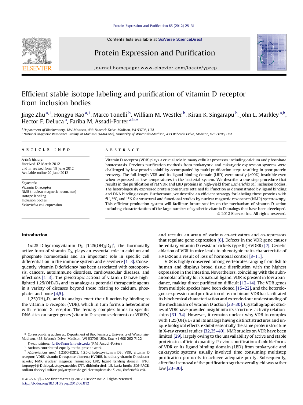 Efficient stable isotope labeling and purification of vitamin D receptor from inclusion bodies