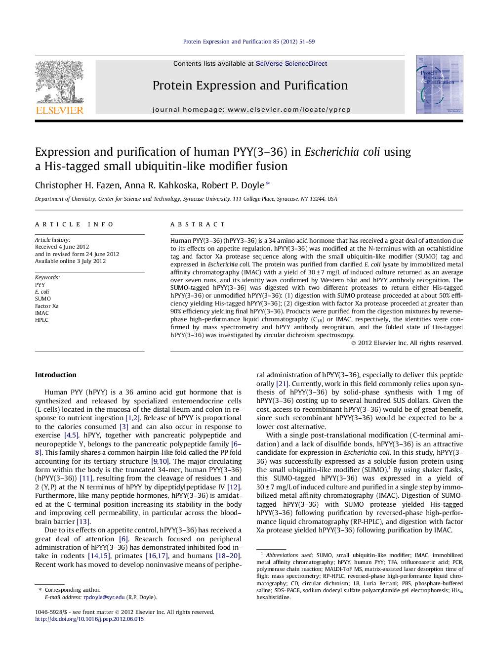 Expression and purification of human PYY(3–36) in Escherichia coli using a His-tagged small ubiquitin-like modifier fusion