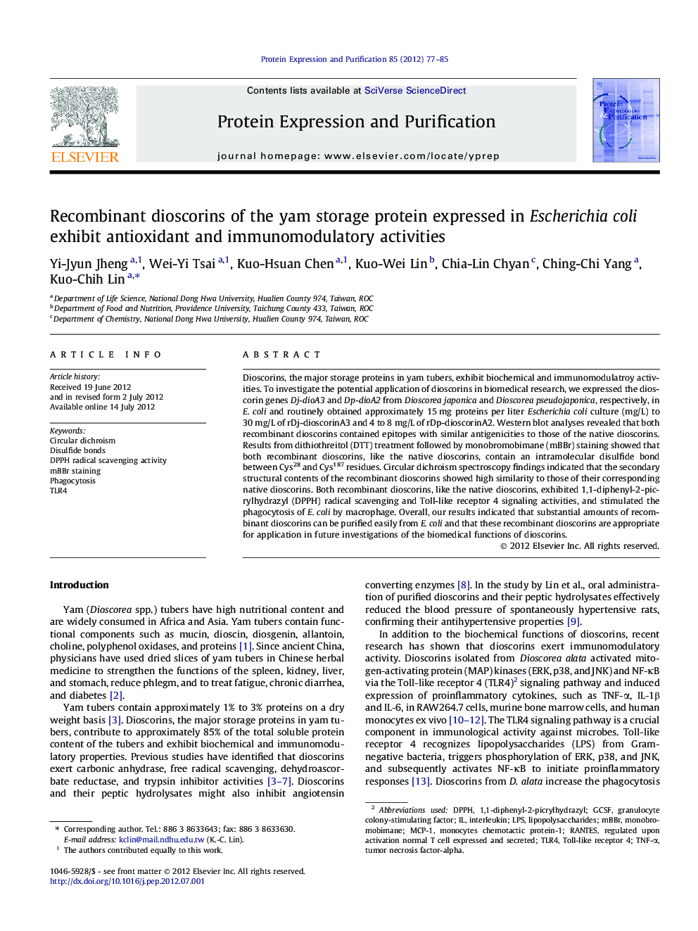 Recombinant dioscorins of the yam storage protein expressed in Escherichia coli exhibit antioxidant and immunomodulatory activities