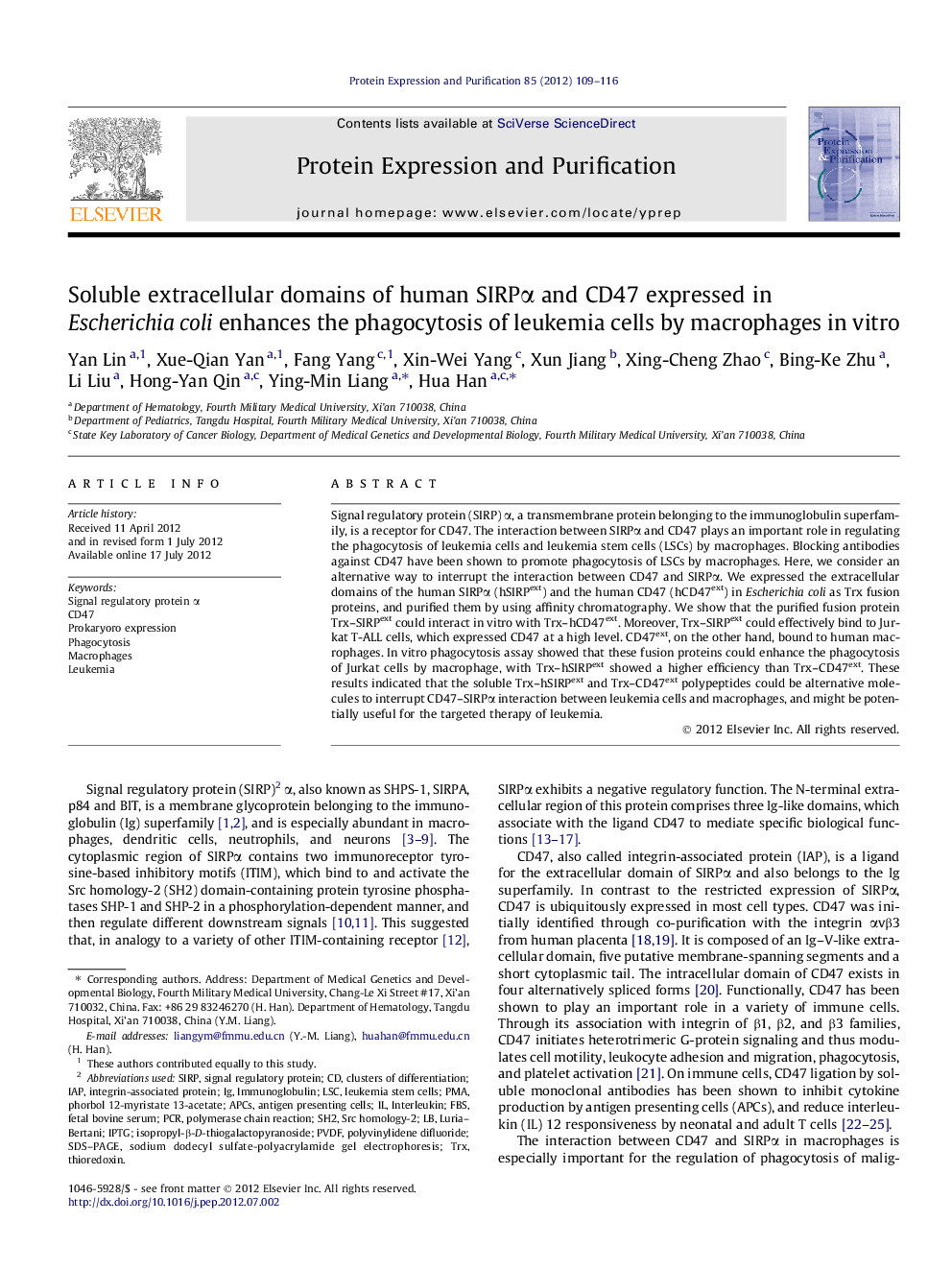 Soluble extracellular domains of human SIRPÎ± and CD47 expressed in Escherichia coli enhances the phagocytosis of leukemia cells by macrophages in vitro