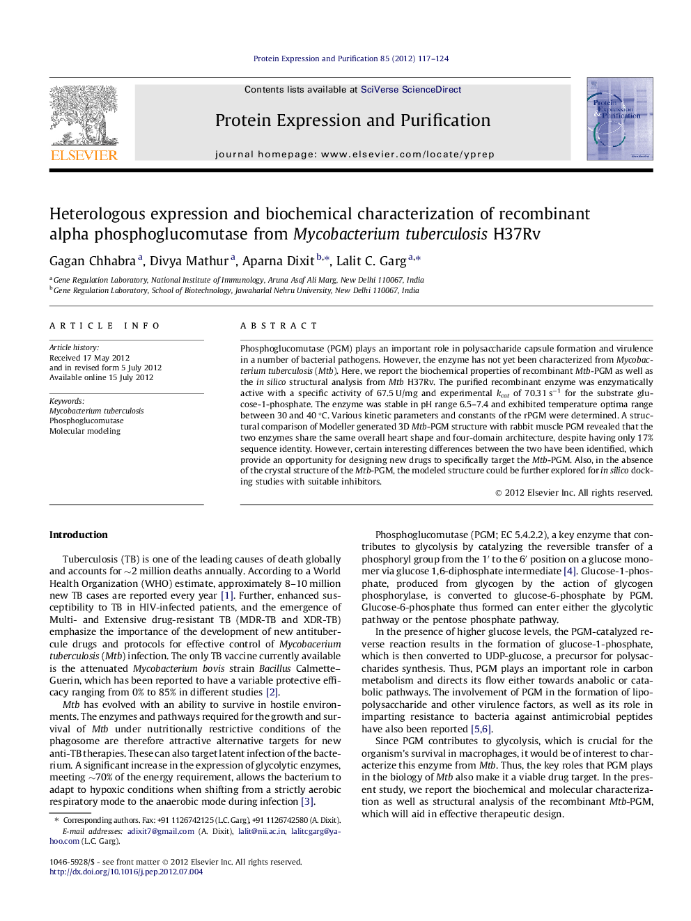 Heterologous expression and biochemical characterization of recombinant alpha phosphoglucomutase from Mycobacterium tuberculosis H37Rv