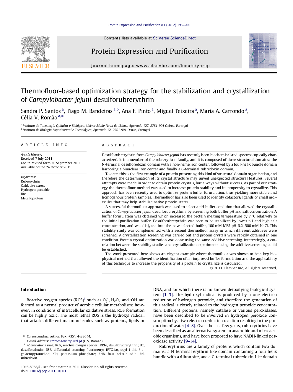 Thermofluor-based optimization strategy for the stabilization and crystallization of Campylobacter jejuni desulforubrerythrin