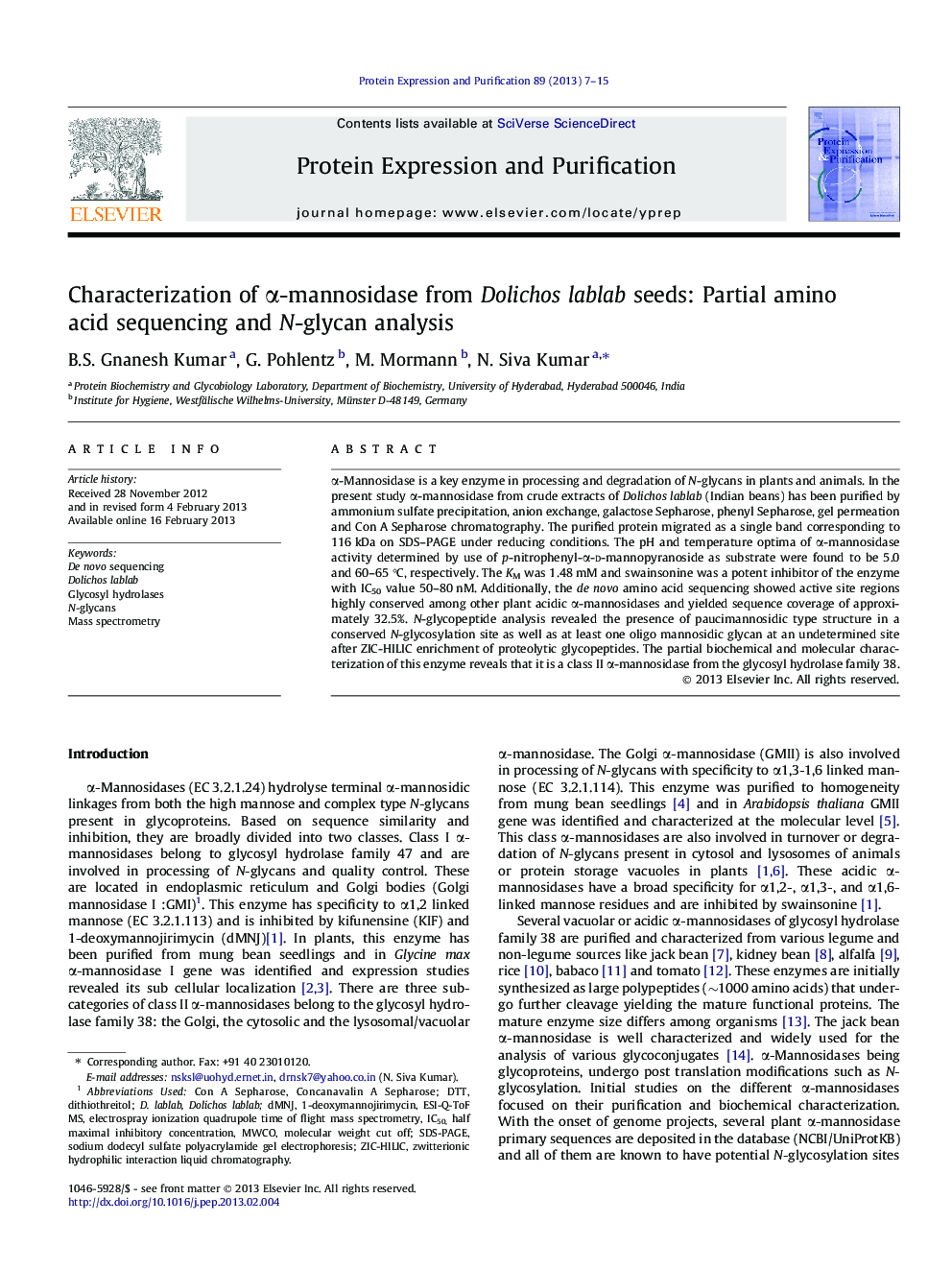 Characterization of α-mannosidase from Dolichos lablab seeds: Partial amino acid sequencing and N-glycan analysis