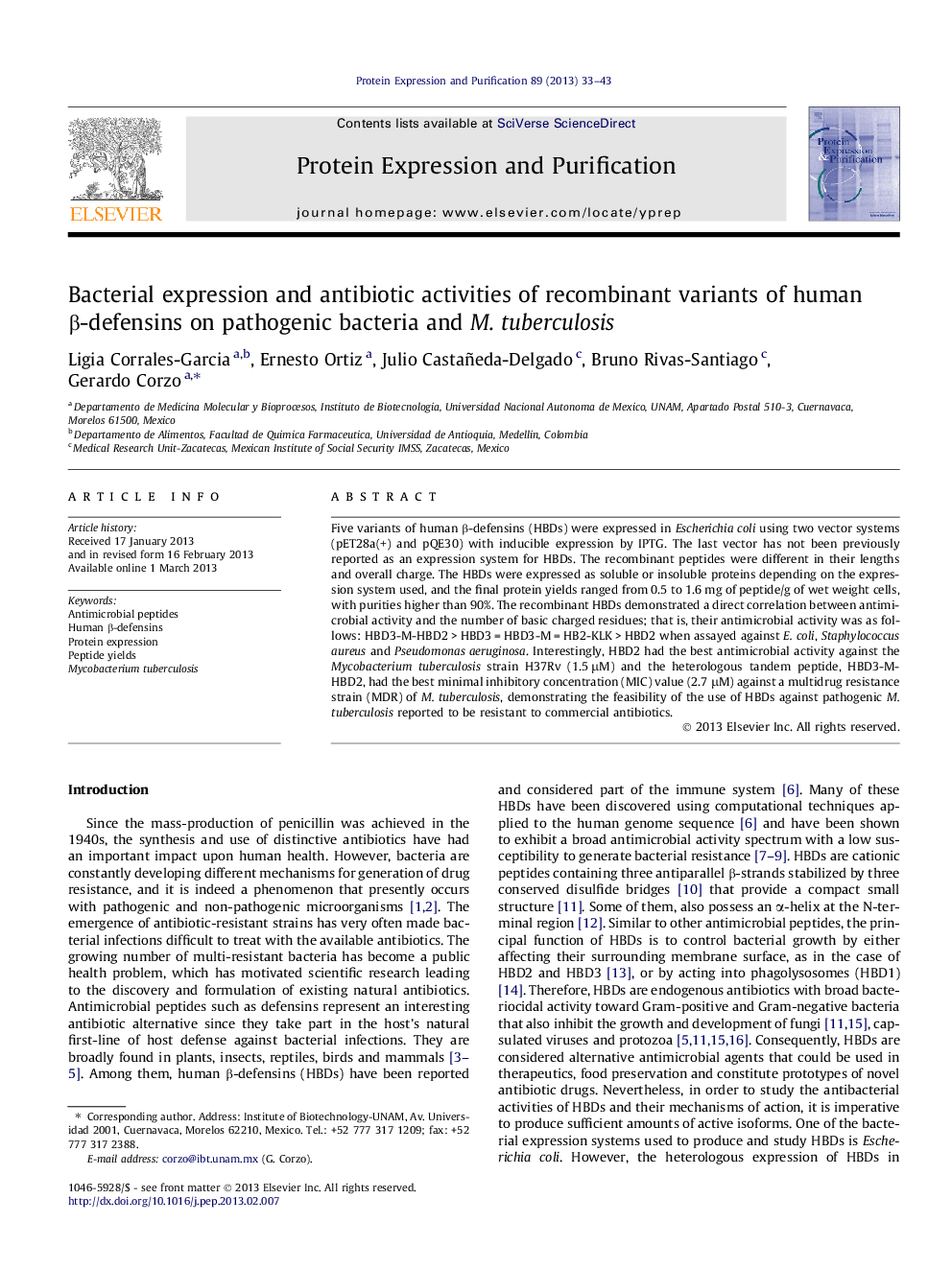 Bacterial expression and antibiotic activities of recombinant variants of human β-defensins on pathogenic bacteria and M. tuberculosis