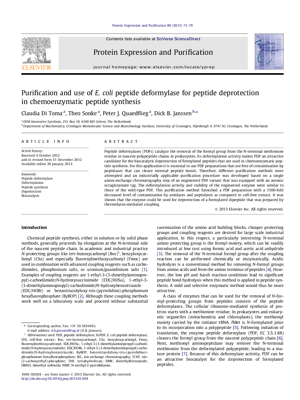 Purification and use of E. coli peptide deformylase for peptide deprotection in chemoenzymatic peptide synthesis