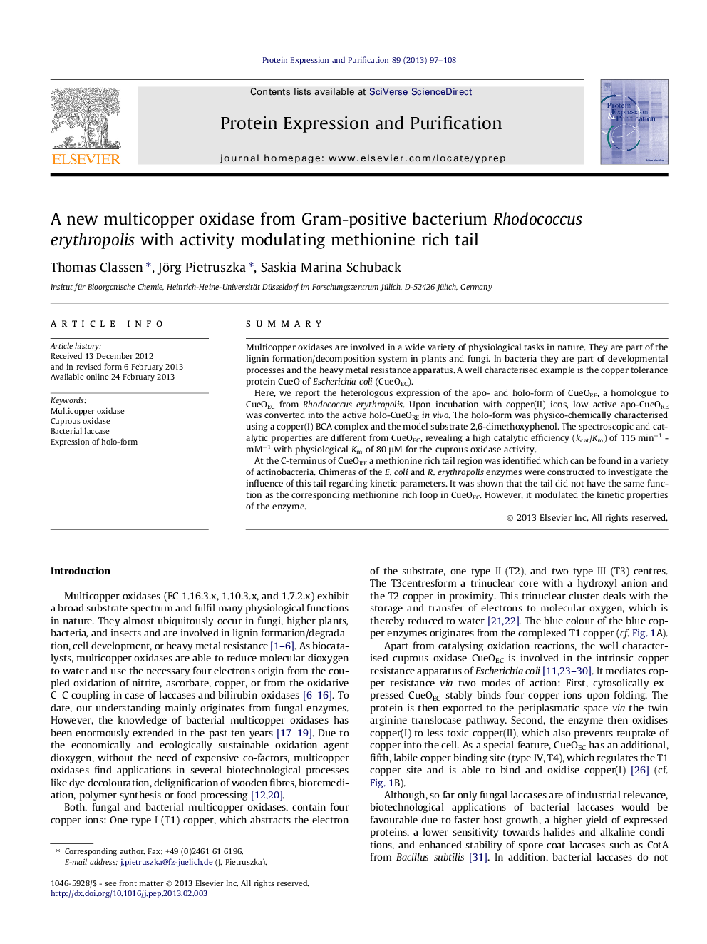 A new multicopper oxidase from Gram-positive bacterium Rhodococcus erythropolis with activity modulating methionine rich tail