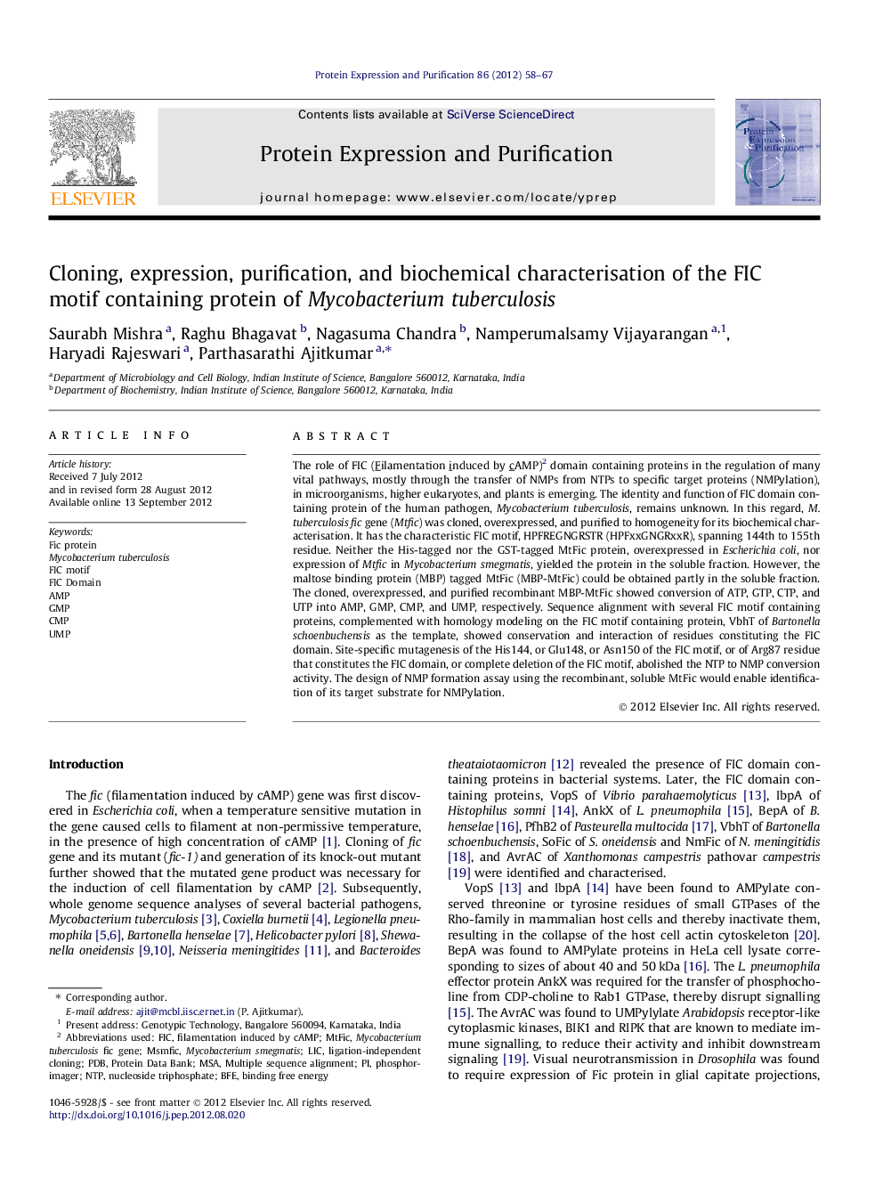 Cloning, expression, purification, and biochemical characterisation of the FIC motif containing protein of Mycobacterium tuberculosis