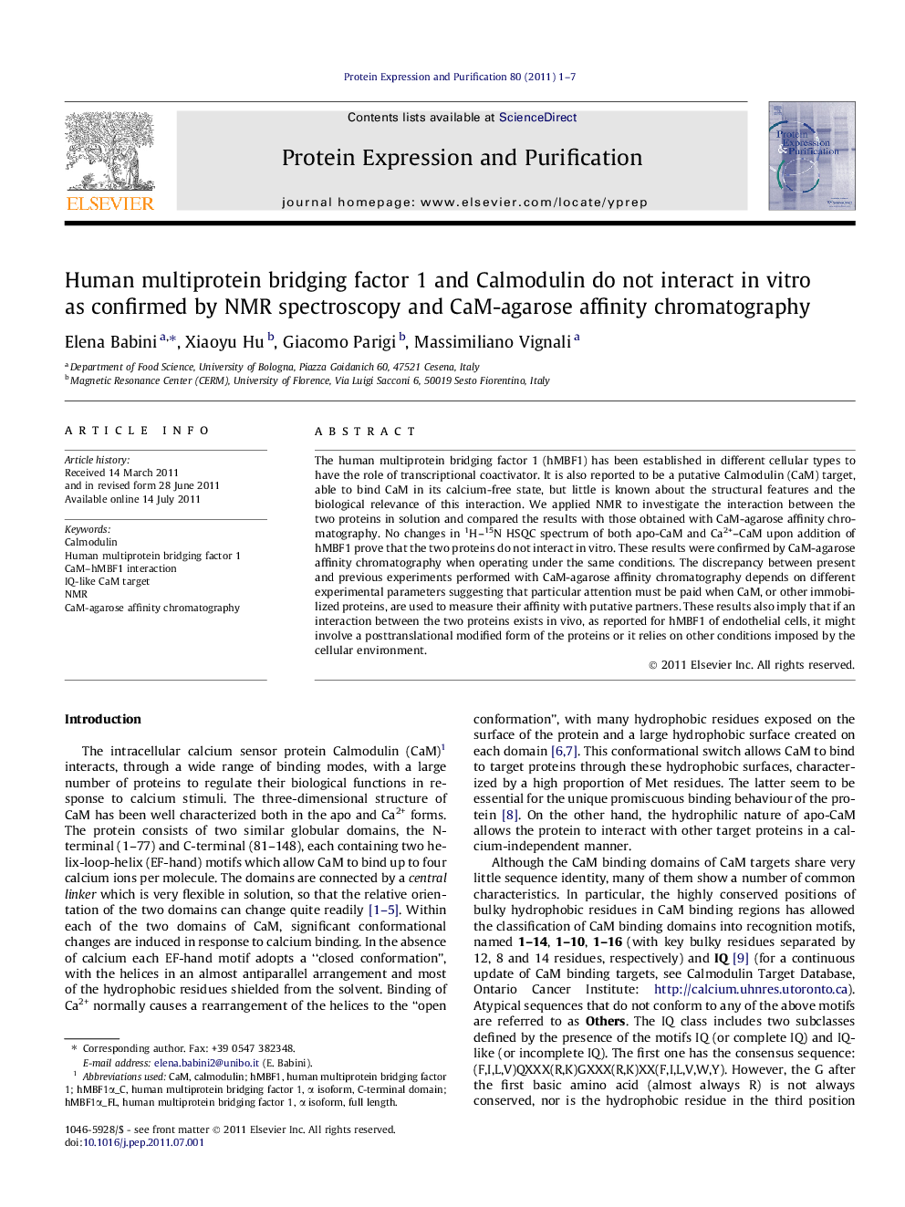 Human multiprotein bridging factor 1 and Calmodulin do not interact in vitro as confirmed by NMR spectroscopy and CaM-agarose affinity chromatography