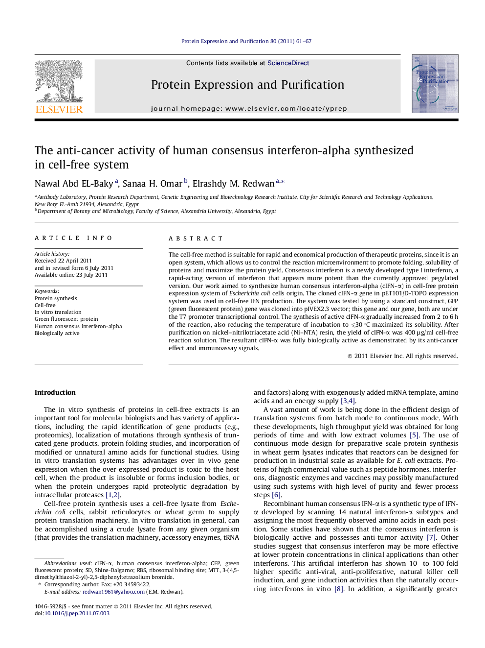 The anti-cancer activity of human consensus interferon-alpha synthesized in cell-free system