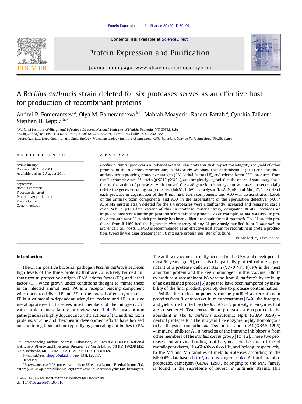 A Bacillus anthracis strain deleted for six proteases serves as an effective host for production of recombinant proteins