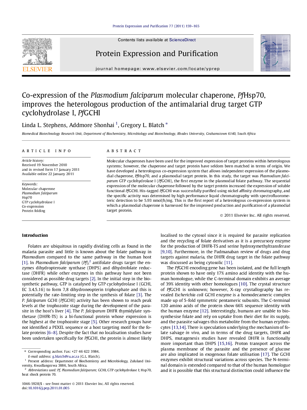 Co-expression of the Plasmodium falciparum molecular chaperone, PfHsp70, improves the heterologous production of the antimalarial drug target GTP cyclohydrolase I, PfGCHI