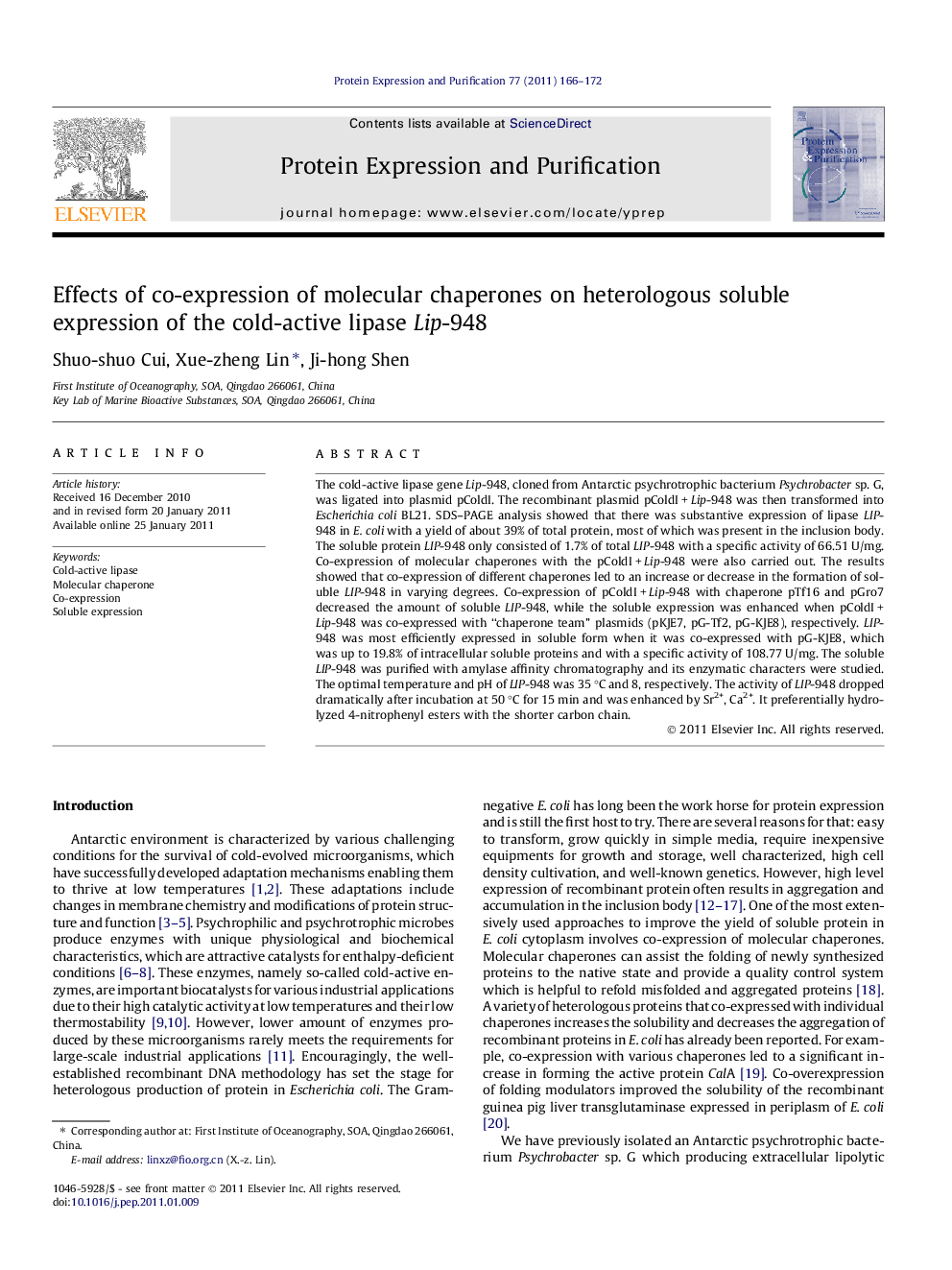 Effects of co-expression of molecular chaperones on heterologous soluble expression of the cold-active lipase Lip-948