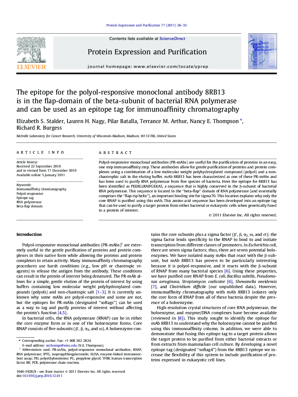 عکس صفحه اول مقاله: The epitope for the polyol-responsive monoclonal antibody 8RB13 is in the flap-domain of the beta-subunit of bacterial RNA polymerase and can be used as an epitope tag for immunoaffinity chromatography The epitope for the polyol-responsive monoclonal antibody 8RB13 is in the flap-domain of the beta-subunit of bacterial RNA polymerase and can be used as an epitope tag for immunoaffinity chromatography