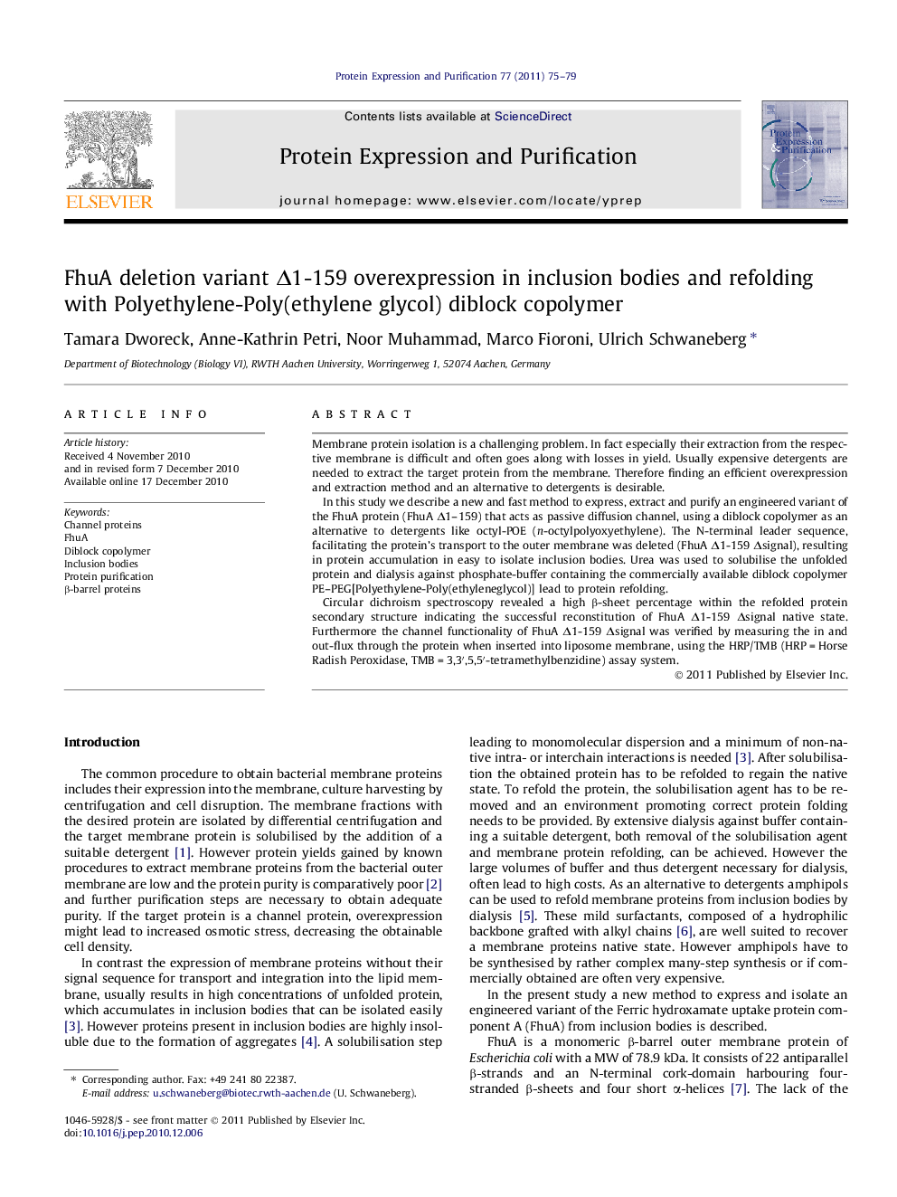 عکس صفحه اول مقاله: FhuA deletion variant Δ1-159 overexpression in inclusion bodies and refolding with Polyethylene-Poly(ethylene glycol) diblock copolymer FhuA deletion variant Δ1-159 overexpression in inclusion bodies and refolding with Polyethylene-Poly(ethylene glycol) diblock copolymer