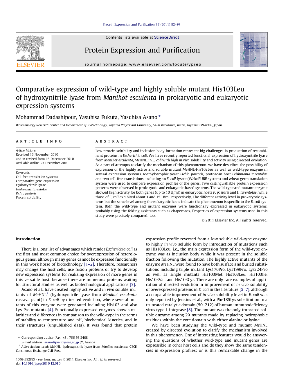 Comparative expression of wild-type and highly soluble mutant His103Leu of hydroxynitrile lyase from Manihot esculenta in prokaryotic and eukaryotic expression systems