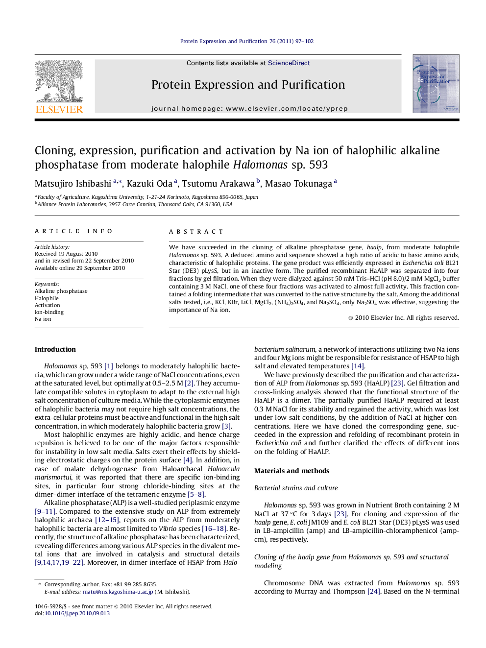 Cloning, expression, purification and activation by Na ion of halophilic alkaline phosphatase from moderate halophile Halomonas sp. 593